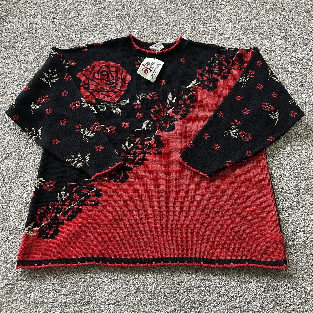 Nutcracker Sweater Womens 1X Black Red Rose Floral Glitter Ugly Xmas Pullover